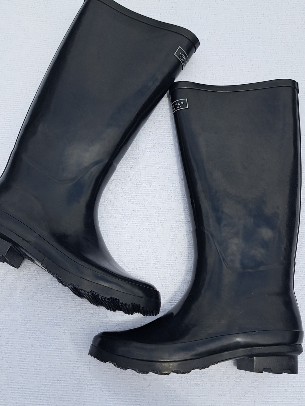 London Fog Black Thames Gloss Rain Boots with White Logo 7 New w/o box